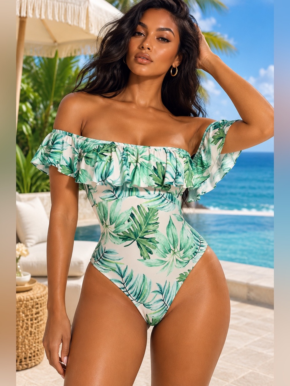 Gianni Bini Tropical Palm Leaf Off Shoulder Ruffle One Piece Swimsuit